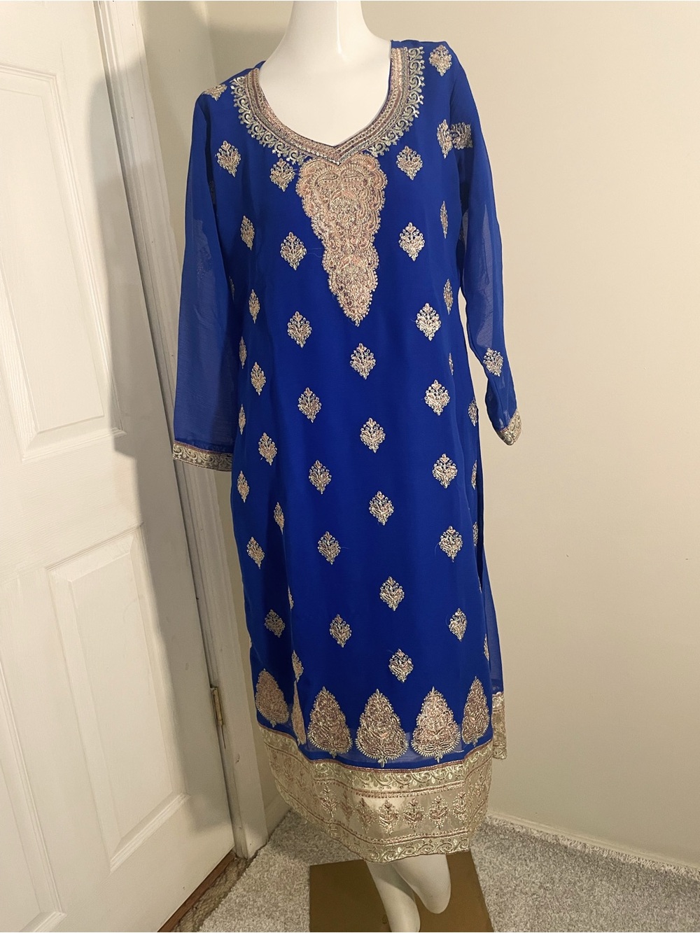 Royal Blue Embellished Ethnic Dress with Gold Detail